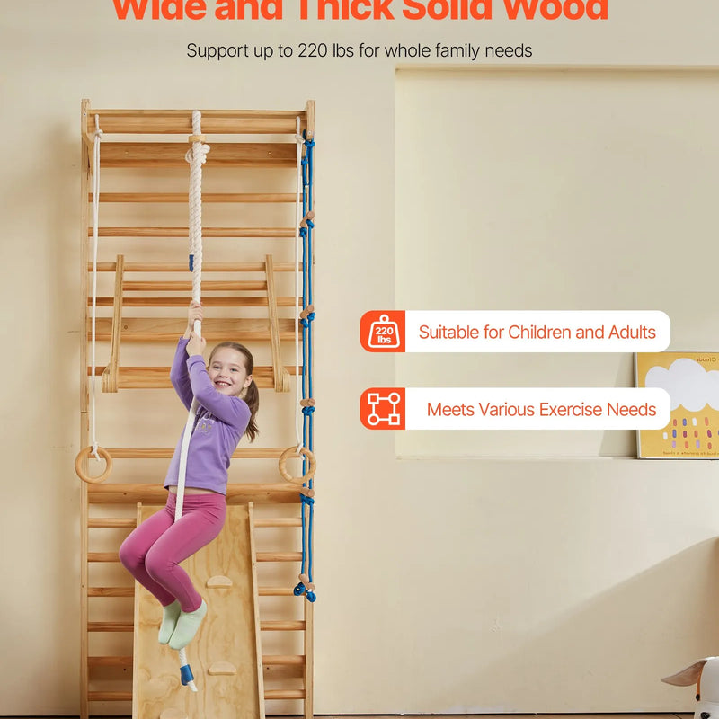 VEVOR zviedru sienas kāpņu trenažieris, 8-in-1, 15 līmeņu masīvkoka iekštelpu “jungle gym” sienas vingrošanas komplekts, 99,79 kg sienas stieņu kāpšanas rotaļu sistēma, slidkalniņu, pievilkšanās stieni, vingrošanas riņķiem, šūpoles sēdekli.