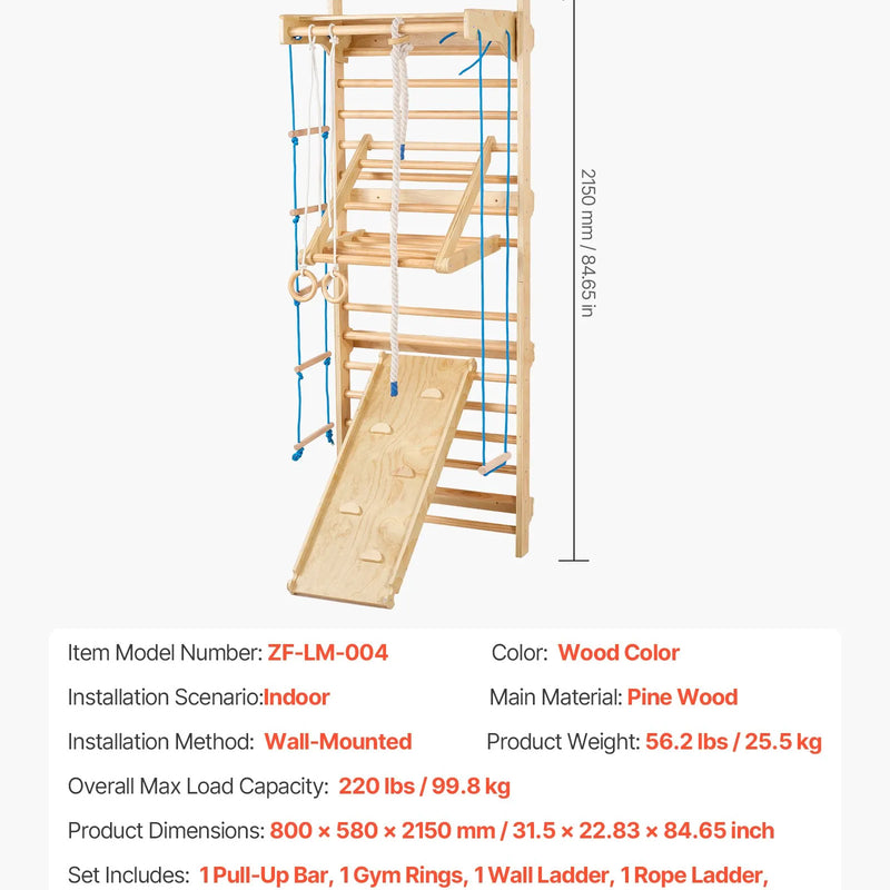 VEVOR zviedru sienas kāpņu trenažieris, 8-in-1, 15 līmeņu masīvkoka iekštelpu “jungle gym” sienas vingrošanas komplekts, 99,79 kg sienas stieņu kāpšanas rotaļu sistēma, slidkalniņu, pievilkšanās stieni, vingrošanas riņķiem, šūpoles sēdekli.