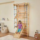 VEVOR zviedru sienas kāpņu trenažieris, 8-in-1, 15 līmeņu masīvkoka iekštelpu “jungle gym” sienas vingrošanas komplekts, 99,79 kg sienas stieņu kāpšanas rotaļu sistēma, slidkalniņu, pievilkšanās stieni, vingrošanas riņķiem, šūpoles sēdekli.