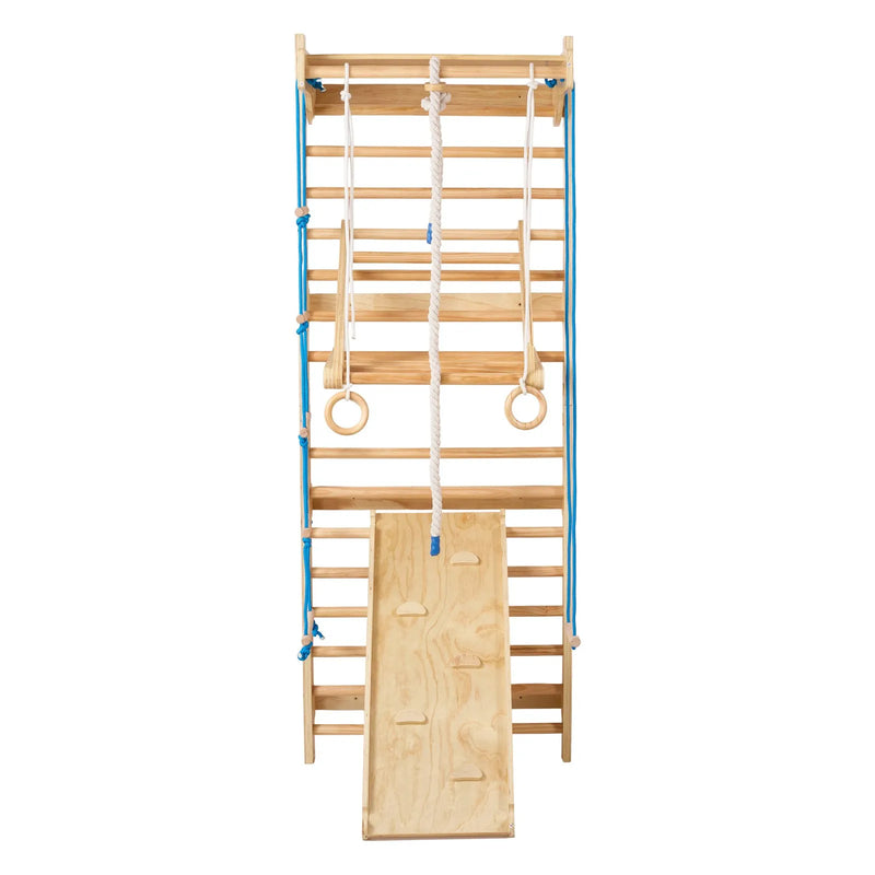 VEVOR zviedru sienas kāpņu trenažieris, 8-in-1, 15 līmeņu masīvkoka iekštelpu “jungle gym” sienas vingrošanas komplekts, 99,79 kg sienas stieņu kāpšanas rotaļu sistēma, slidkalniņu, pievilkšanās stieni, vingrošanas riņķiem, šūpoles sēdekli.