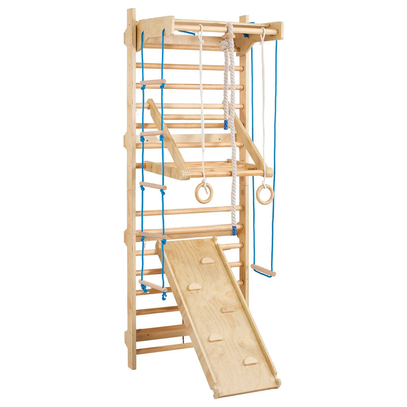 VEVOR zviedru sienas kāpņu trenažieris, 8-in-1, 15 līmeņu masīvkoka iekštelpu “jungle gym” sienas vingrošanas komplekts, 99,79 kg sienas stieņu kāpšanas rotaļu sistēma, slidkalniņu, pievilkšanās stieni, vingrošanas riņķiem, šūpoles sēdekli.