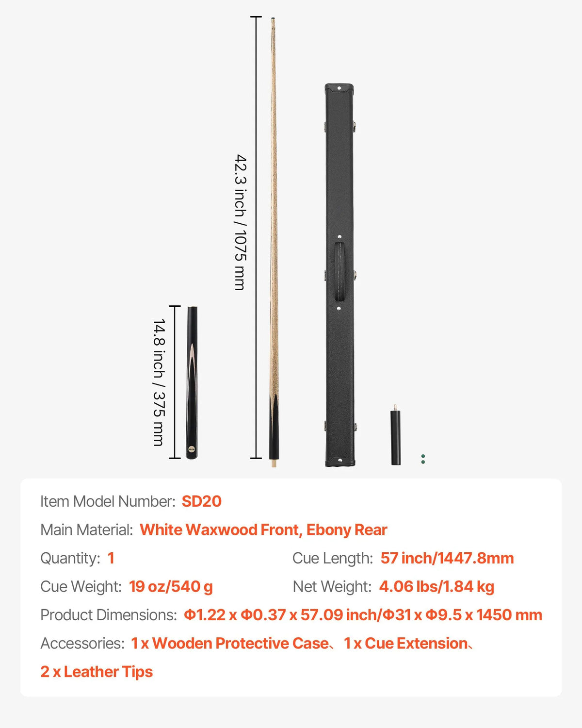 VEVOR snūkera kija 1447,8 mm, dalāma konstrukcija ar pagarinājuma stieni un 9,7 mm ādas uzgali, 538 g profesionāla biljarda kija bāram, mājai un birojam, komplektā koka futrālis - ZEMLETES.LV