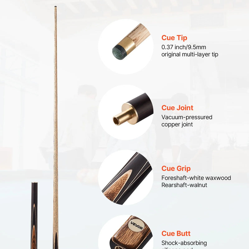 VEVOR snūkera kija 1447,8 mm, dalāma konstrukcija ar pagarinājuma stieni un 9,5 mm ādas uzgali, 538 g profesionāla biljarda kija bāram, mājai un birojam, komplektā alumīnija futrālis