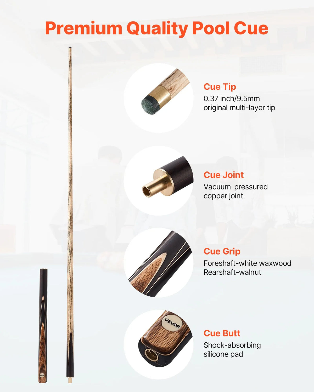 VEVOR snūkera kija 1447,8 mm, dalāma konstrukcija ar pagarinājuma stieni un 9,5 mm ādas uzgali, 538 g profesionāla biljarda kija bāram, mājai un birojam, komplektā alumīnija futrālis - ZEMLETES.LV