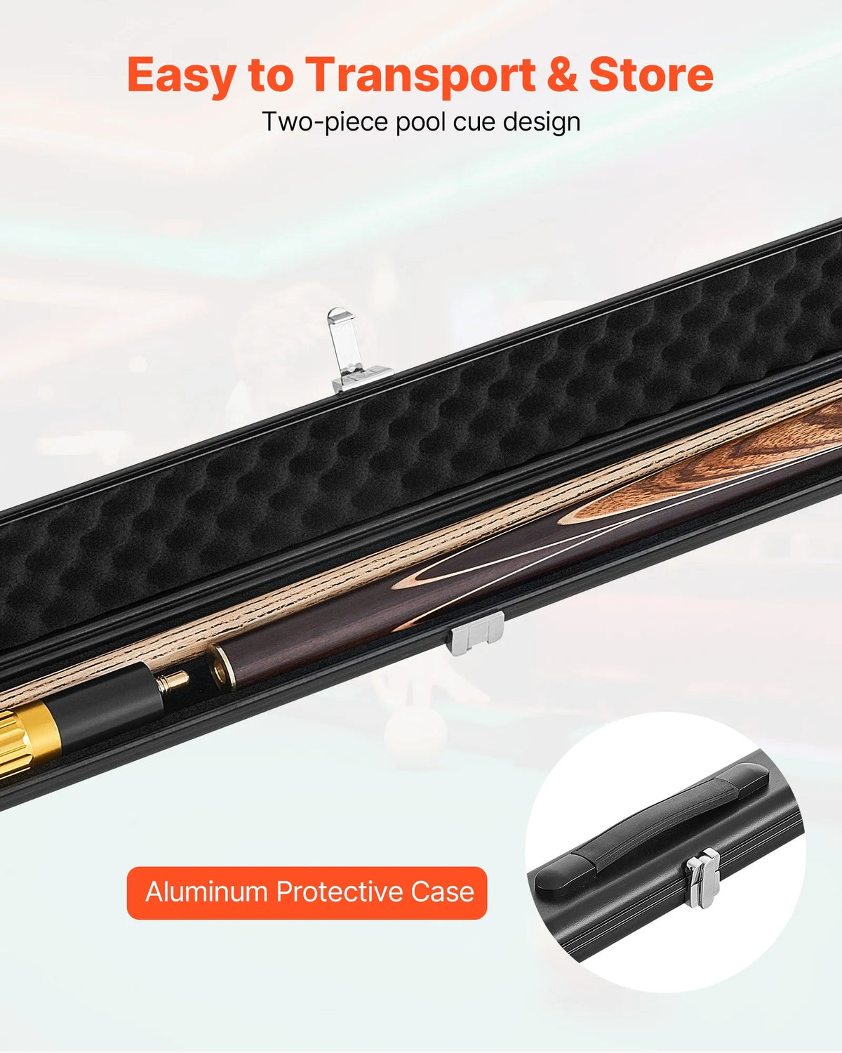 VEVOR snūkera kija 1447,8 mm, dalāma konstrukcija ar pagarinājuma stieni un 9,5 mm ādas uzgali, 538 g profesionāla biljarda kija bāram, mājai un birojam, komplektā alumīnija futrālis - ZEMLETES.LV