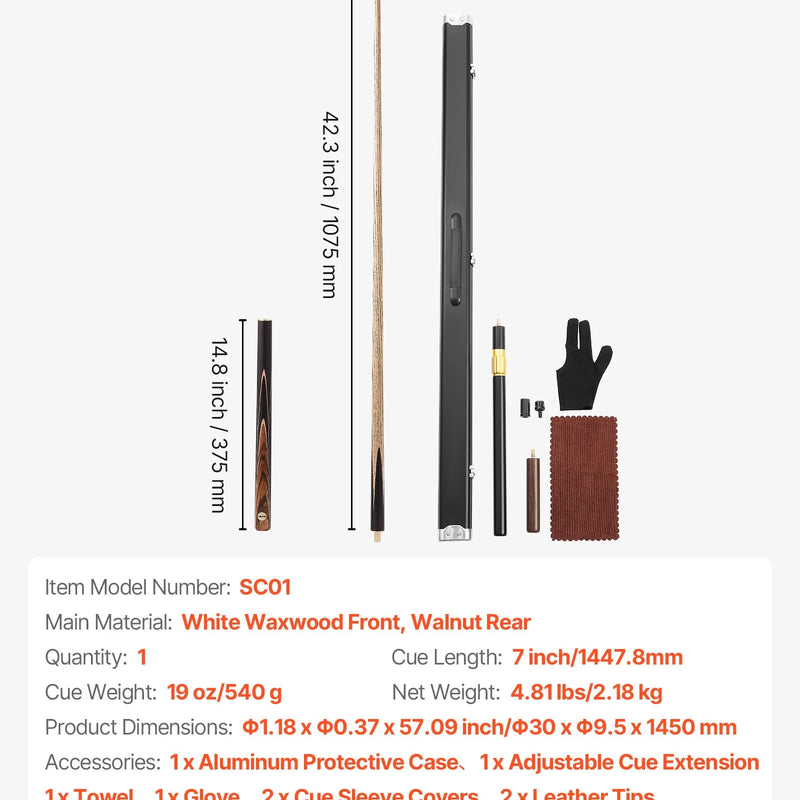 VEVOR snūkera kija 1447,8 mm, dalāma konstrukcija ar pagarinājuma stieni un 9,5 mm ādas uzgali, 538 g profesionāla biljarda kija bāram, mājai un birojam, komplektā alumīnija futrālis