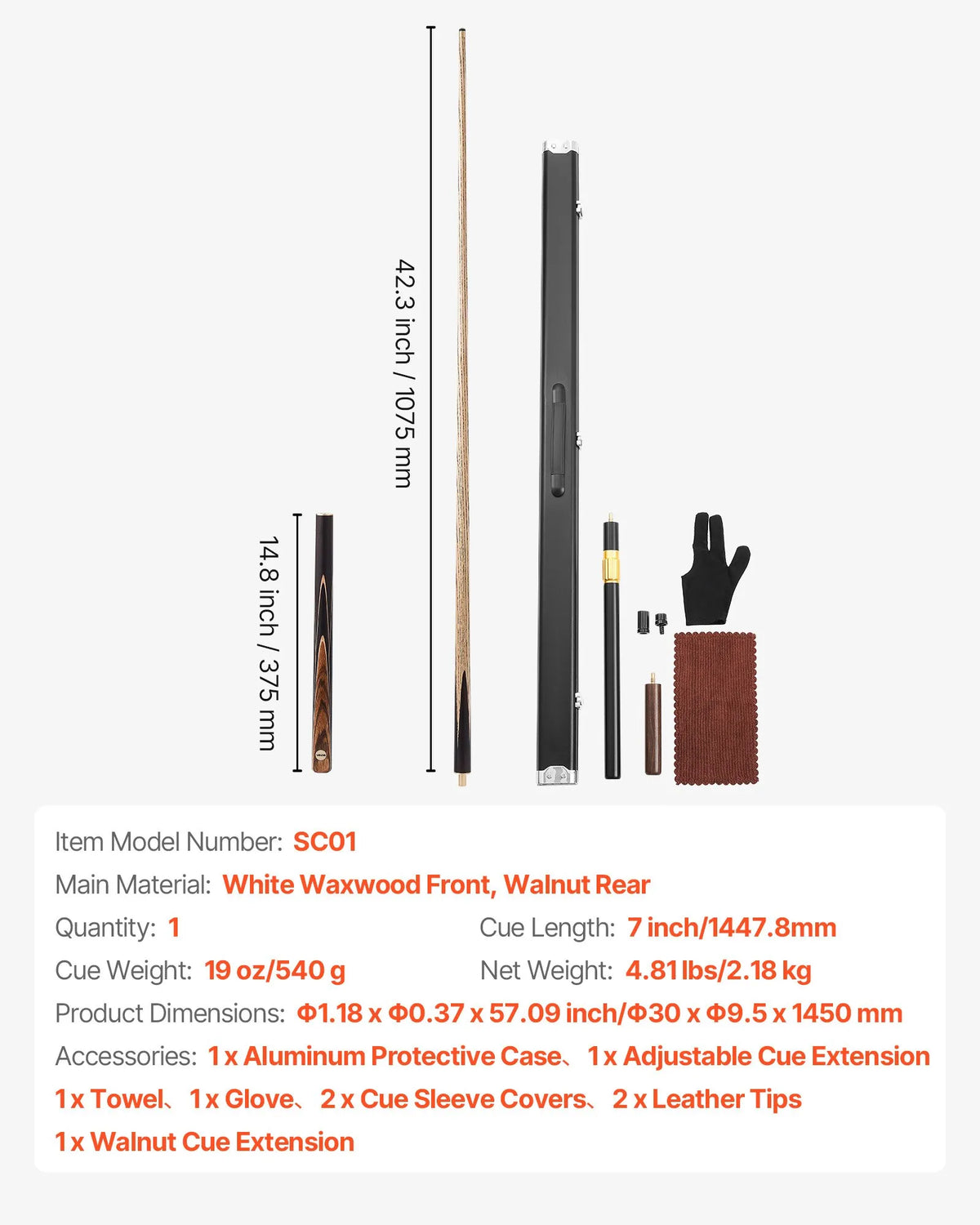 VEVOR snūkera kija 1447,8 mm, dalāma konstrukcija ar pagarinājuma stieni un 9,5 mm ādas uzgali, 538 g profesionāla biljarda kija bāram, mājai un birojam, komplektā alumīnija futrālis - ZEMLETES.LV