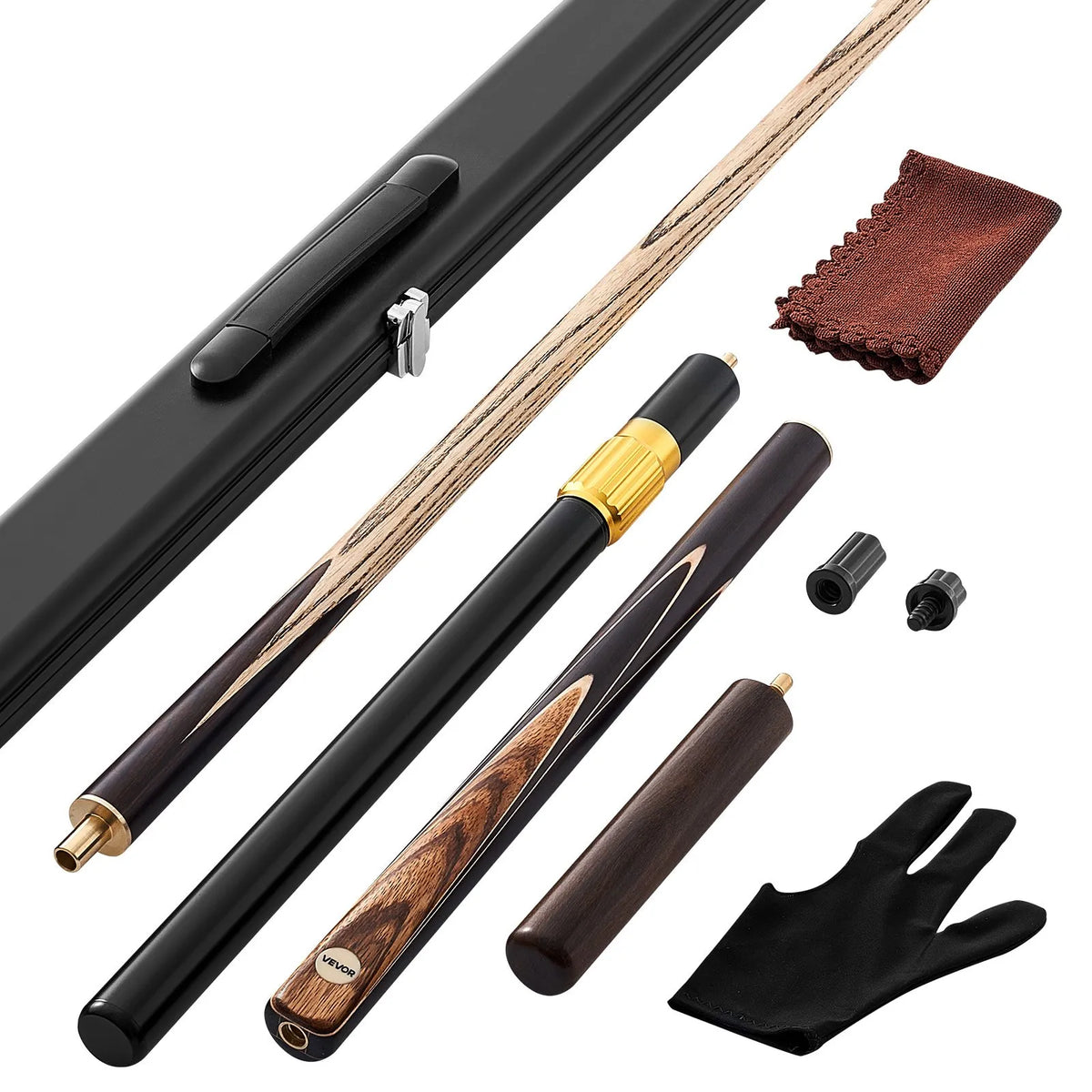 VEVOR snūkera kija 1447,8 mm, dalāma konstrukcija ar pagarinājuma stieni un 9,5 mm ādas uzgali, 538 g profesionāla biljarda kija bāram, mājai un birojam, komplektā alumīnija futrālis - ZEMLETES.LV