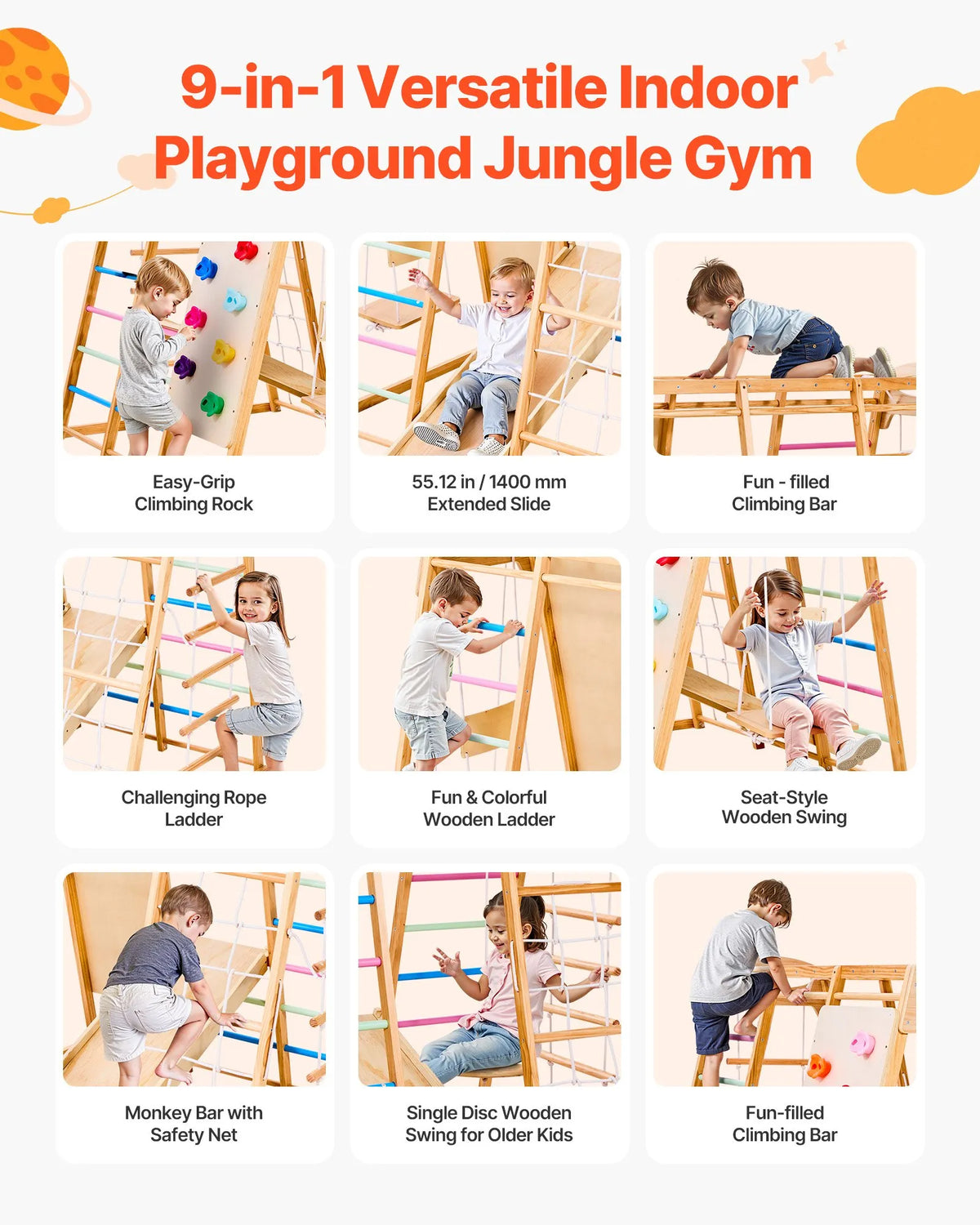 VEVOR 9 vienā koka iekštelpu rotaļu laukums ar slidkalniņu, šūpolēm, zviedru sienu un kāpšanas tīklu, līdz 113 kg