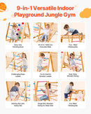 VEVOR iekštelpu rotaļu laukums džungļu trenažieris, 9-in-1 Montessori kāpšanas rotaļlietas mazuļiem, 113 kg koka iekštelpu rotaļu komplekts ar zviedru sienu, šūpolēm, slidkalniņu, virvju/koka kāpnēm, kāpšanas tīklu un stieni