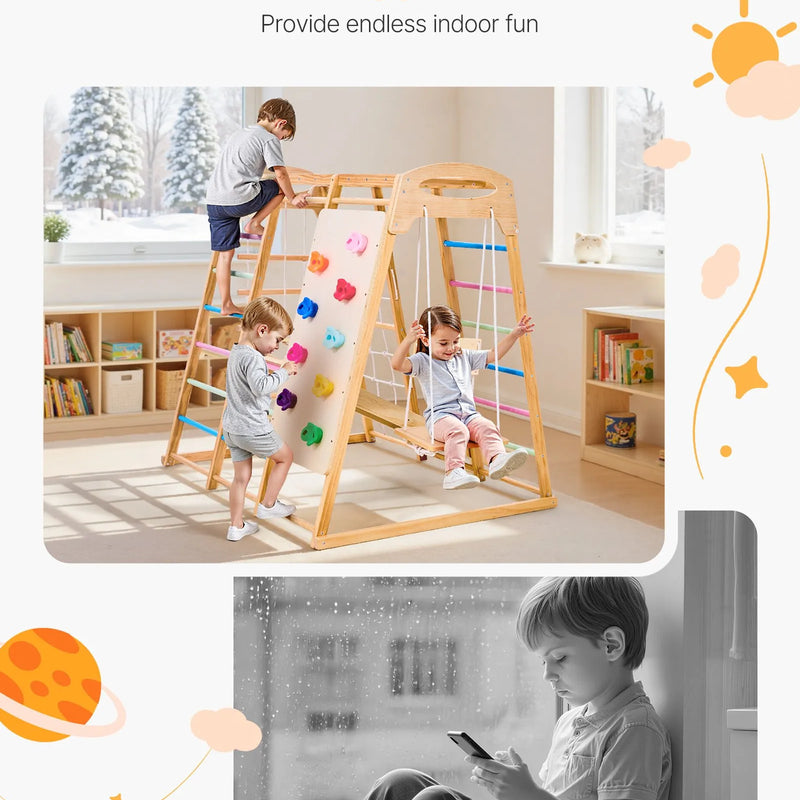 VEVOR iekštelpu rotaļu laukums džungļu trenažieris, 9-in-1 Montessori kāpšanas rotaļlietas mazuļiem, 113 kg koka iekštelpu rotaļu komplekts ar zviedru sienu, šūpolēm, slidkalniņu, virvju/koka kāpnēm, kāpšanas tīklu un stieni