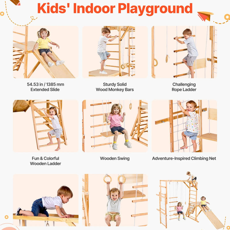 VEVOR 8-in-1 koka iekštelpu rotaļu laukums bērniem, Montessori kāpšanas komplekts ar slidkalniņu, šūpolēm, zviedru sienu, vingrošanas riņķiem, koka/virvju kāpnēm, kāpšanas tīklu un stieni, slodze līdz 100 kg