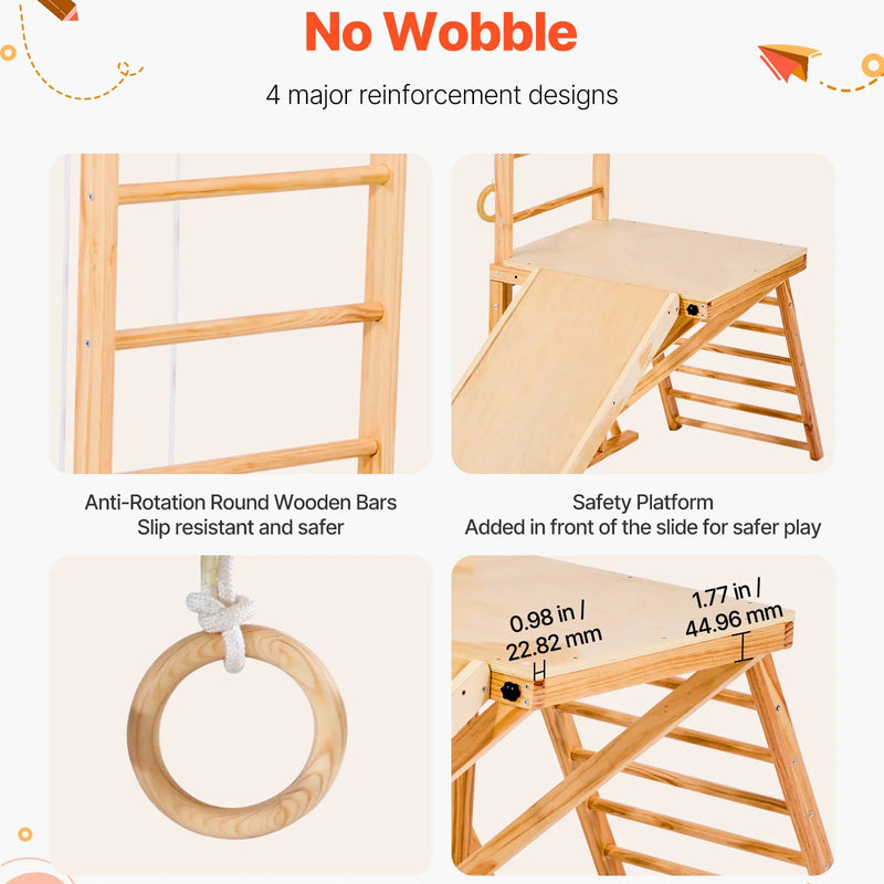 VEVOR 8-in-1 koka iekštelpu rotaļu laukums bērniem, Montessori kāpšanas komplekts ar slidkalniņu, šūpolēm, zviedru sienu, vingrošanas riņķiem, koka/virvju kāpnēm, kāpšanas tīklu un stieni, slodze līdz 100 kg