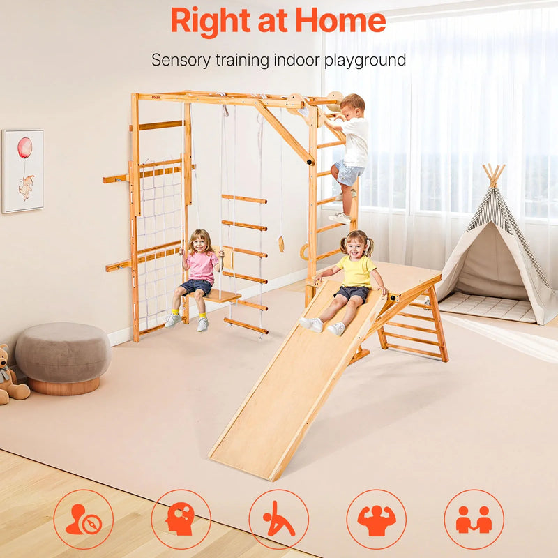 VEVOR 8-in-1 koka iekštelpu rotaļu laukums bērniem, Montessori kāpšanas komplekts ar slidkalniņu, šūpolēm, zviedru sienu, vingrošanas riņķiem, koka/virvju kāpnēm, kāpšanas tīklu un stieni, slodze līdz 100 kg