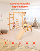VEVOR 8-in-1 koka iekštelpu rotaļu laukums bērniem, Montessori kāpšanas komplekts ar slidkalniņu, šūpolēm, zviedru sienu, vingrošanas riņķiem, koka/virvju kāpnēm, kāpšanas tīklu un stieni, slodze līdz 100 kg