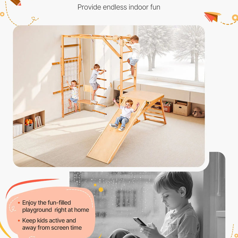 VEVOR 8-in-1 koka iekštelpu rotaļu laukums bērniem, Montessori kāpšanas komplekts ar slidkalniņu, šūpolēm, zviedru sienu, vingrošanas riņķiem, koka/virvju kāpnēm, kāpšanas tīklu un stieni, slodze līdz 100 kg