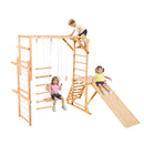 VEVOR 8-in-1 koka iekštelpu rotaļu laukums bērniem, Montessori kāpšanas komplekts ar slidkalniņu, šūpolēm, zviedru sienu, vingrošanas riņķiem, koka/virvju kāpnēm, kāpšanas tīklu un stieni, slodze līdz 100 kg