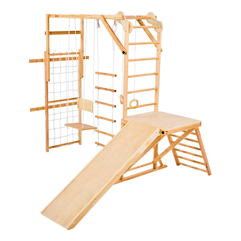VEVOR 8-in-1 koka iekštelpu rotaļu laukums bērniem, Montessori kāpšanas komplekts ar slidkalniņu, šūpolēm, zviedru sienu, vingrošanas riņķiem, koka/virvju kāpnēm, kāpšanas tīklu un stieni, slodze līdz 100 kg
