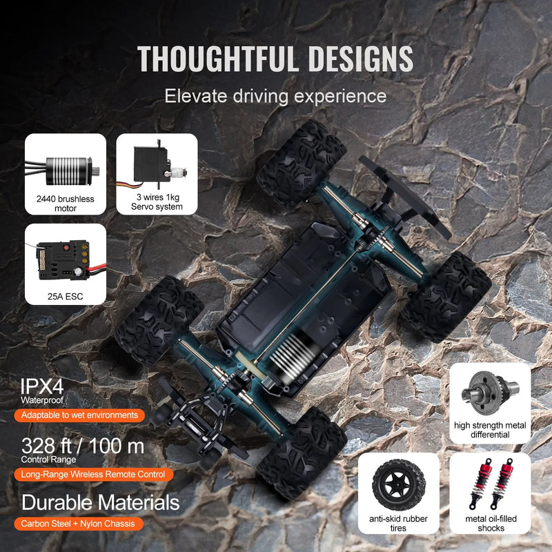 VEVOR tālvadības RC auto, 1:18 mērogs bērniem, visu apvidu 4WD bezceļu auto ar 45° riteņošanu un regulējamu ātrumu, 45 km/h augstas ātruma RC sacīkšu rotaļlieta, ideāla dāvana 8+ bērniem, IPX4