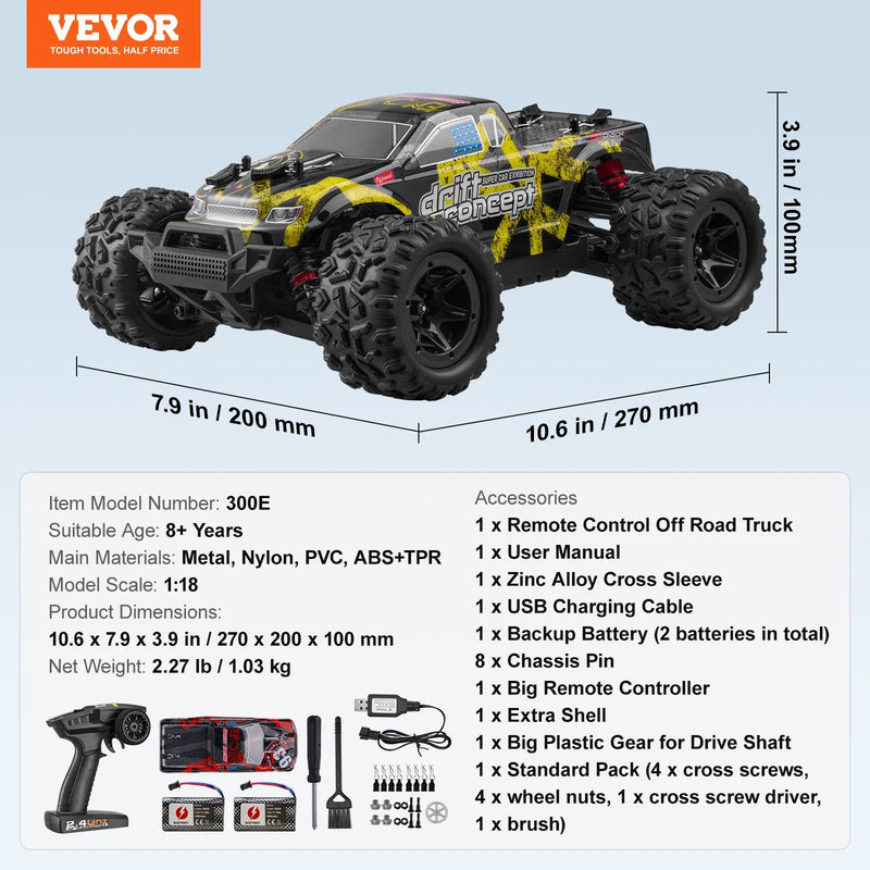 VEVOR tālvadības RC auto, 1:18 mērogs bērniem, visu apvidu 4WD bezceļu auto ar 45° riteņošanu un regulējamu ātrumu, 45 km/h augstas ātruma RC sacīkšu rotaļlieta, ideāla dāvana 8+ bērniem, IPX4