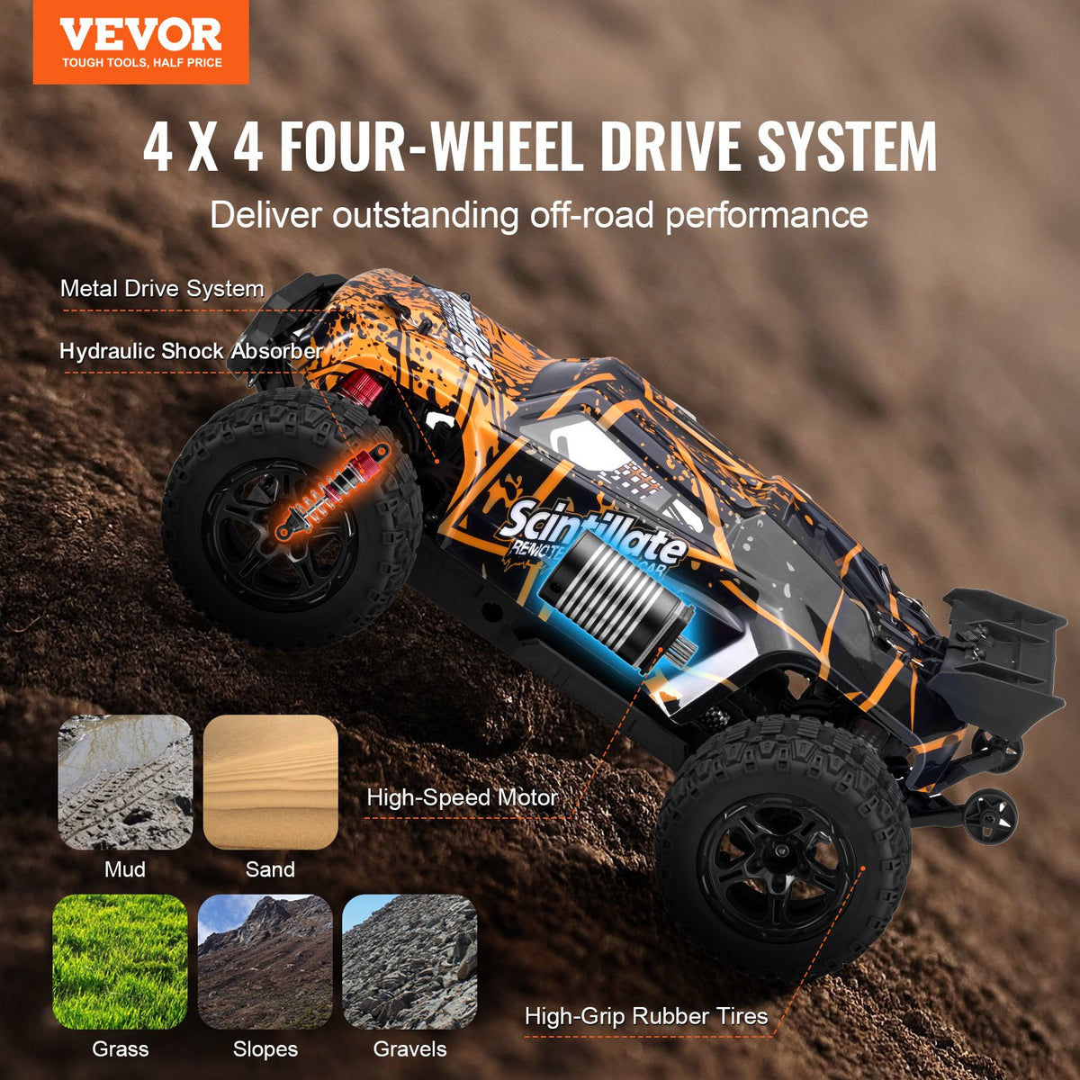 VEVOR RC auto 1:10 bezceļu 4WD, hobija sacīkšu auto