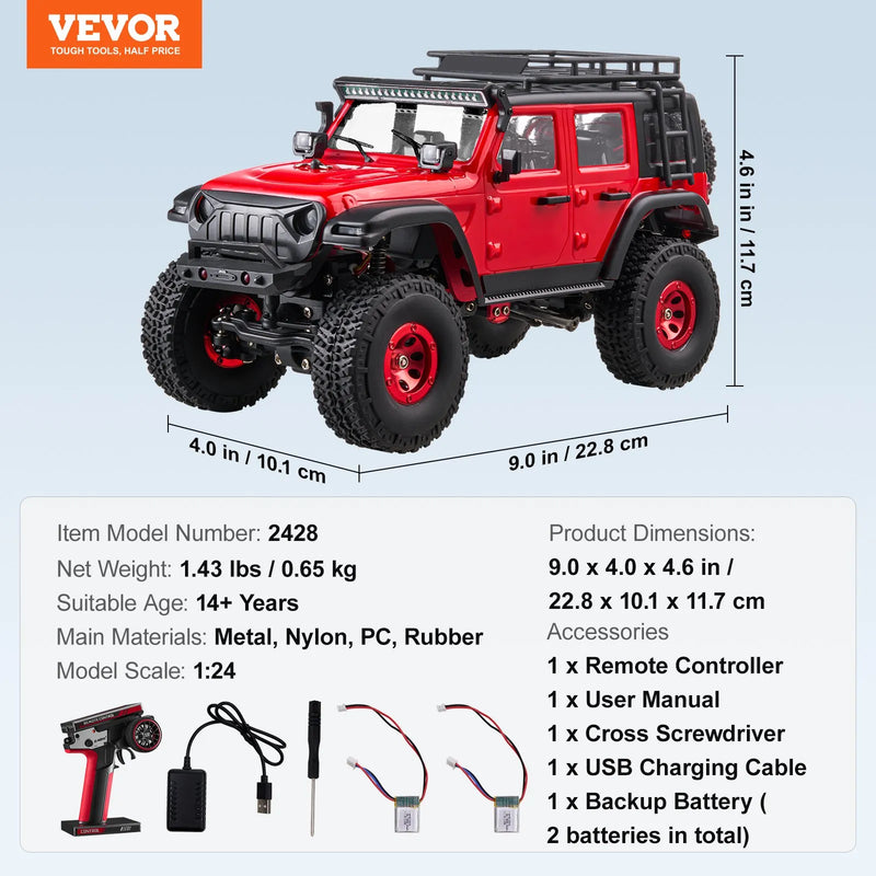 VEVOR Tālvadības automašīna bērniem 1:24 mērogā, apvidus 4WD bezceļu kravas auto ar pilnu apgaismojumu, 2 uzlādējamām baterijām un 2 ātrumu regulēšanu, hobija sacīkšu auto no 14 gadiem