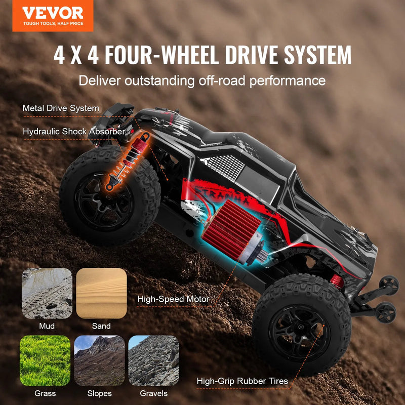 VEVOR Tālvadības automašīna 1:10 mērogā RC bezceļu monstru kravas auto ar 4WD, 45° “wheelie”, 2 baterijām, līdz 38 km/h, IPX4 ūdensizturība, dāvana bērniem no 8+ gadiem