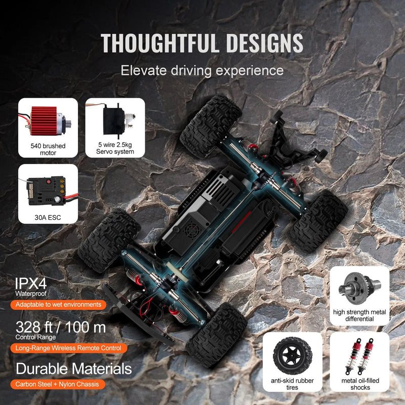 VEVOR Tālvadības automašīna 1:10 mērogā RC bezceļu monstru kravas auto ar 4WD, 45° “wheelie”, 2 baterijām, līdz 38 km/h, IPX4 ūdensizturība, dāvana bērniem no 8+ gadiem