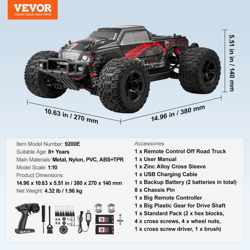 VEVOR Tālvadības automašīna 1:10 mērogā RC bezceļu monstru kravas auto ar 4WD, 45° “wheelie”, 2 baterijām, līdz 38 km/h, IPX4 ūdensizturība, dāvana bērniem no 8+ gadiem