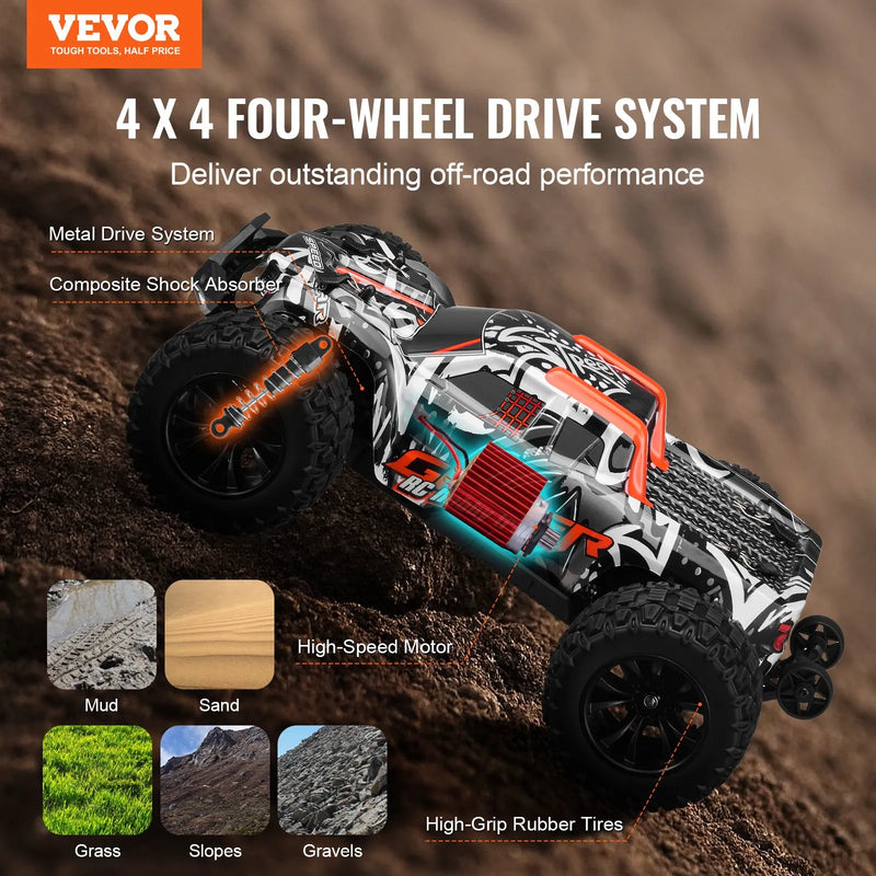 VEVOR Tālvadības automašīna 1:14 mērogā, RC bezceļu monstru kravas auto ar 4WD, 45° “wheelie” funkciju un 2 baterijām, līdz 38 km/h, augstas ātruma hobija sacīkšu auto bērniem no 8+ gadiem