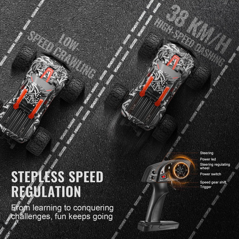 VEVOR Tālvadības automašīna 1:14 mērogā, RC bezceļu monstru kravas auto ar 4WD, 45° “wheelie” funkciju un 2 baterijām, līdz 38 km/h, augstas ātruma hobija sacīkšu auto bērniem no 8+ gadiem