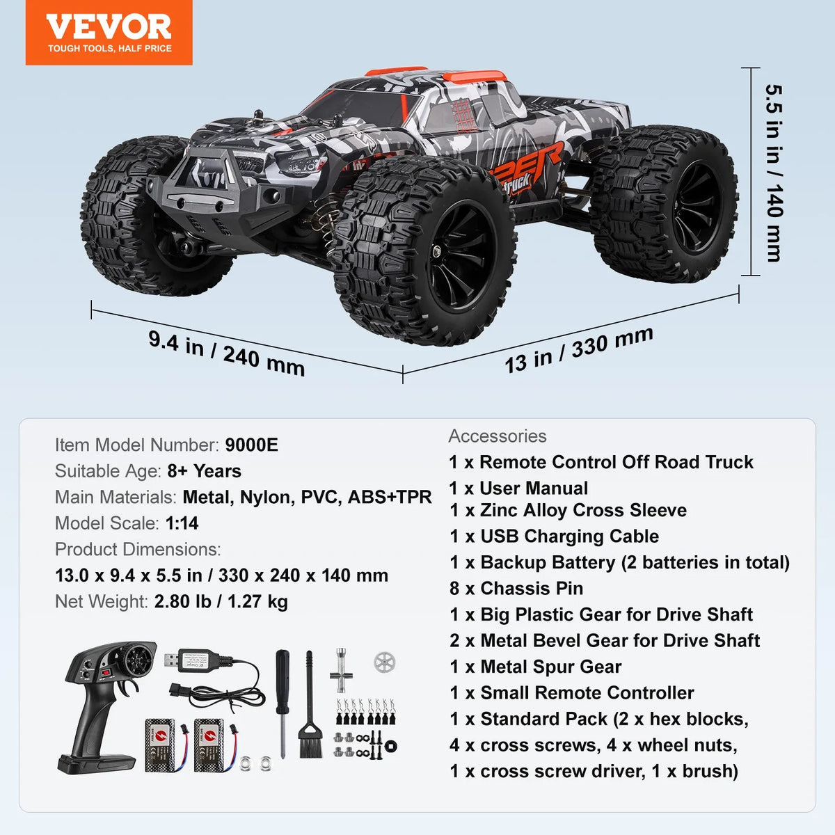 VEVOR RC-auto 1:14 maastiku monster truck 4WD, kuni 38 km/h, 2 akut, alates 8 a