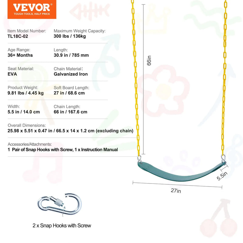 VEVOR 2 gab. šūpoļu sēdekļu komplekts ar 168 cm pārklātām ķēdēm un karabīnēm, nestspēja līdz 136 kg, šūpoļu komplekta rezerves daļas bērniem, lietošanai iekštelpās un ārā, zaļš