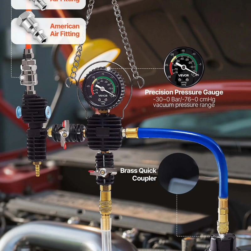 VEVOR dzesēšanas šķidruma spiediena testera komplekts, 47 daļu radiatora vakuuma uzpildes sistēma ar 3 metāla adapteriem, universāls automobiļu dzesēšanas sistēmu diagnostikas instruments ar spiediena sūkni un plastmasas uzpildes tvertni