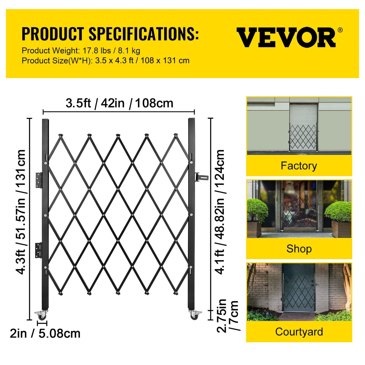 VEVOR vienas sekcijas salokāmie drošības vārti 94 × 122 cm, tērauda akordeona tipa paplašināmi drošības vārti ar 360° riteņiem un piekaramo slēdzeni - ZEMLETES.LV