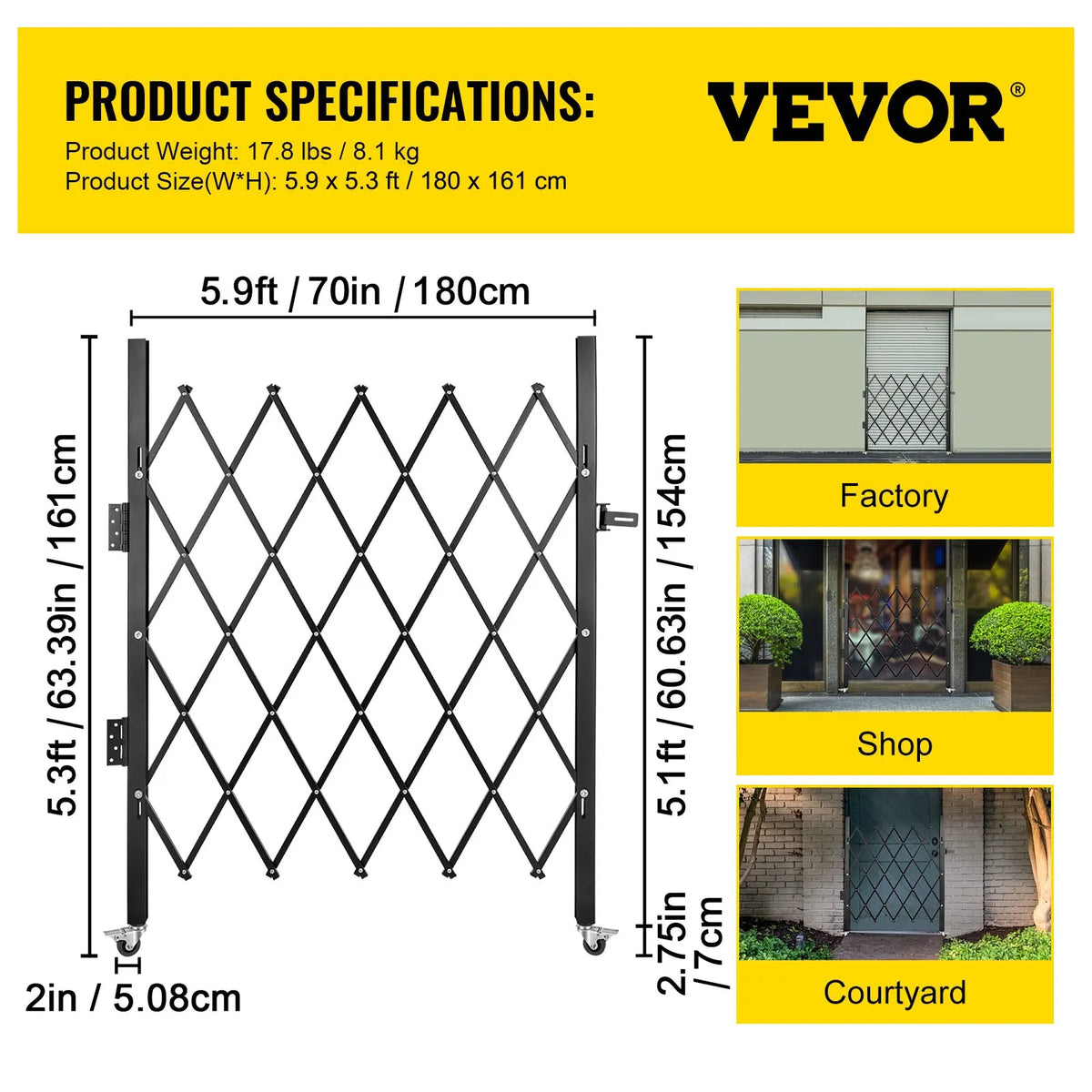 VEVOR vienas sekcijas salokāmie drošības vārti 180 × 155 cm, tērauda akordeona tipa paplašināmi drošības vārti ar 360° riteņiem un piekaramo slēdzeni - ZEMLETES.LV