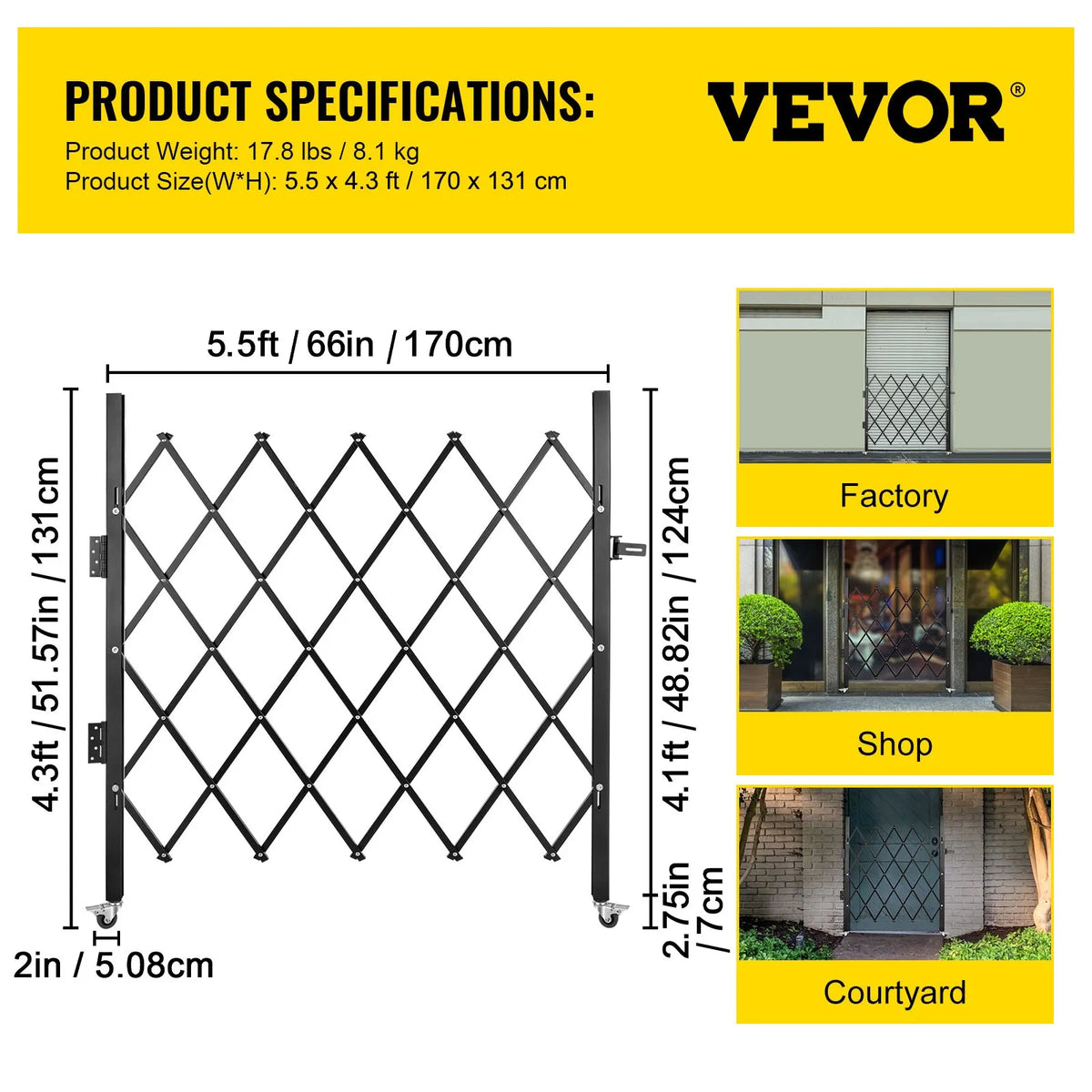 VEVOR vienas sekcijas salokāmie drošības vārti 170 × 124 cm, tērauda akordeona tipa paplašināmi drošības vārti ar 360° riteņiem un piekaramo slēdzeni - ZEMLETES.LV