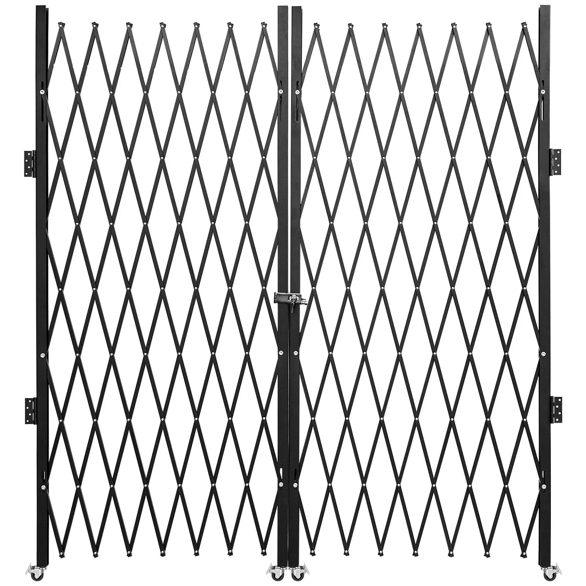 VEVOR dubultie salokāmie drošības vārti 382 × 214 cm, tērauda akordeona tipa paplašināmi drošības vārti ar 360° riteņiem un atslēgām - ZEMLETES.LV