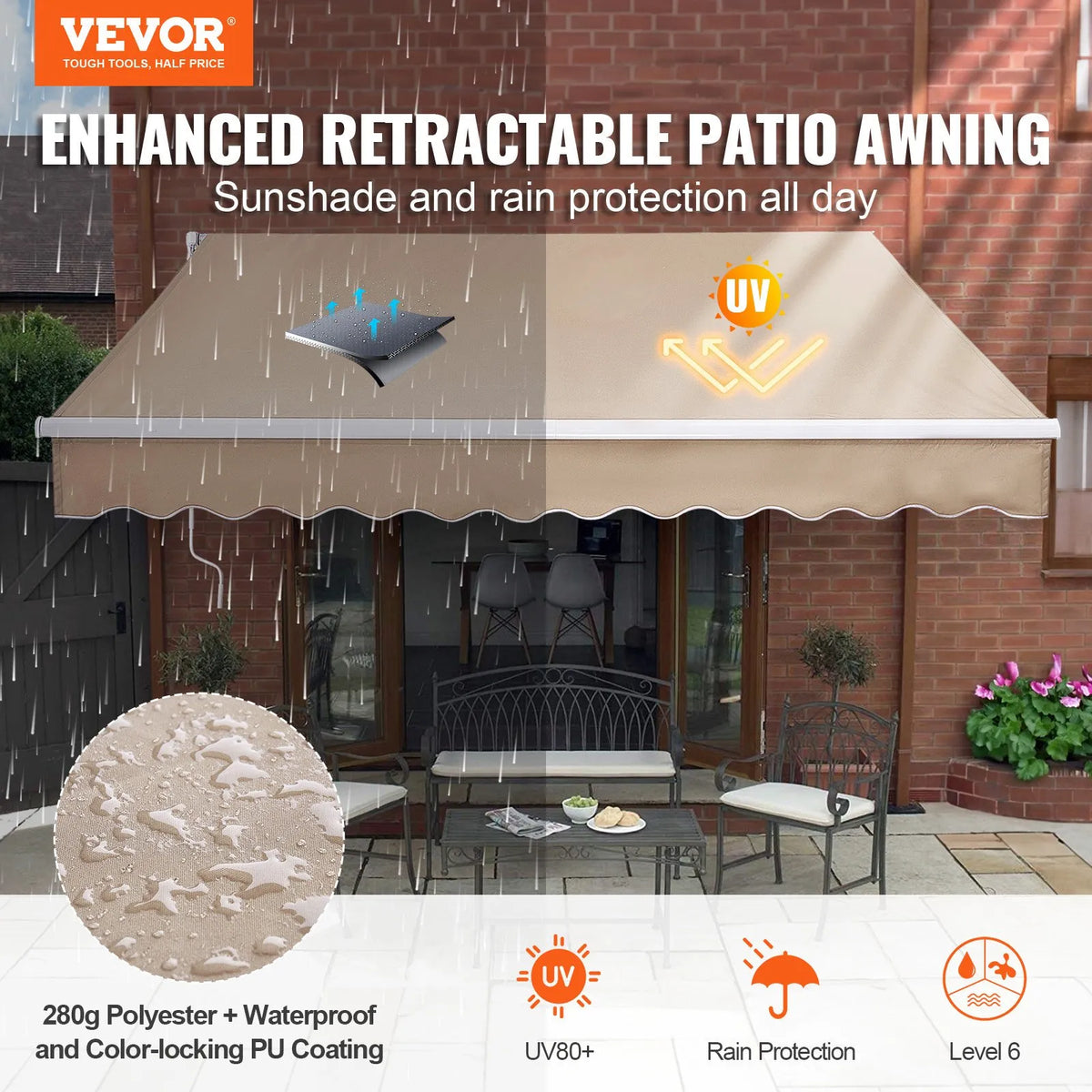 VEVOR Manual Retractable Patio Awning 305 × 244 cm with Crank, Waterproof Polyester Sun Shade Canopy for Doors and Windows, Suitable for Yard and Balcony