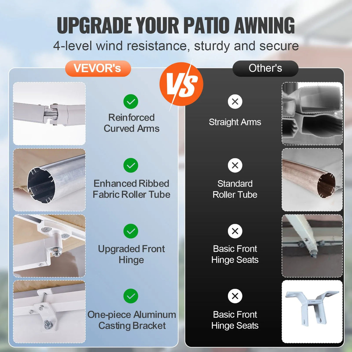 VEVOR Manual Retractable Patio Awning 305 × 244 cm with Crank, Waterproof Polyester Sun Shade Canopy for Doors and Windows, Suitable for Yard and Balcony