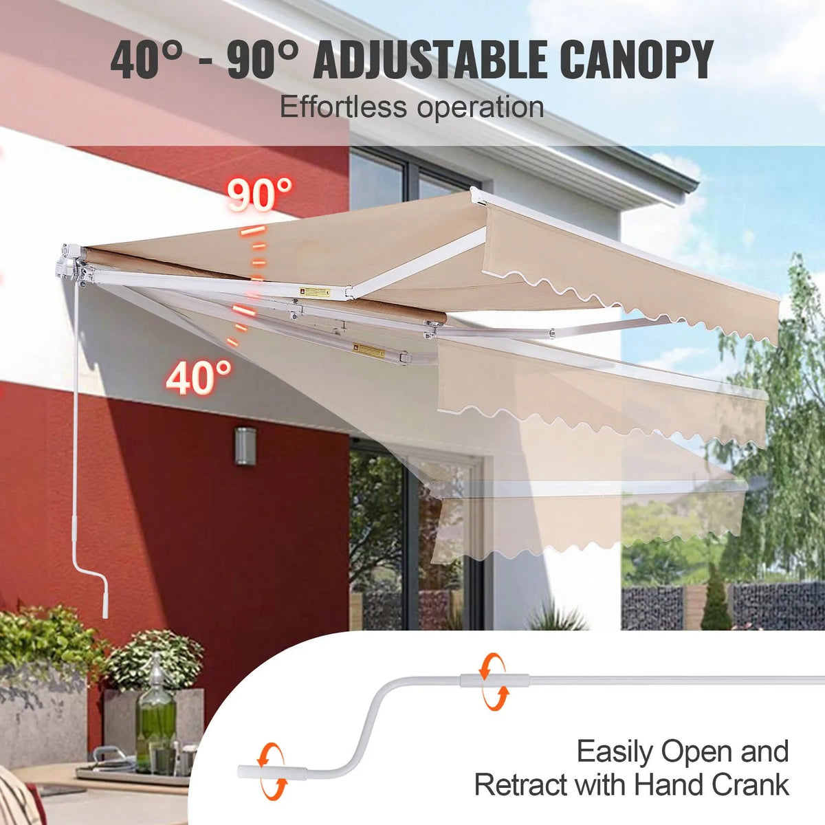 VEVOR Manual Retractable Patio Awning 305 × 244 cm with Crank, Waterproof Polyester Sun Shade Canopy for Doors and Windows, Suitable for Yard and Balcony