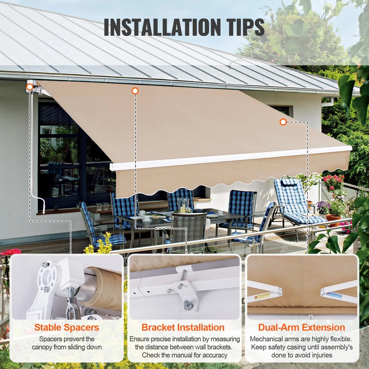 VEVOR Manual Retractable Patio Awning 305 × 244 cm with Crank, Waterproof Polyester Sun Shade Canopy for Doors and Windows, Suitable for Yard and Balcony