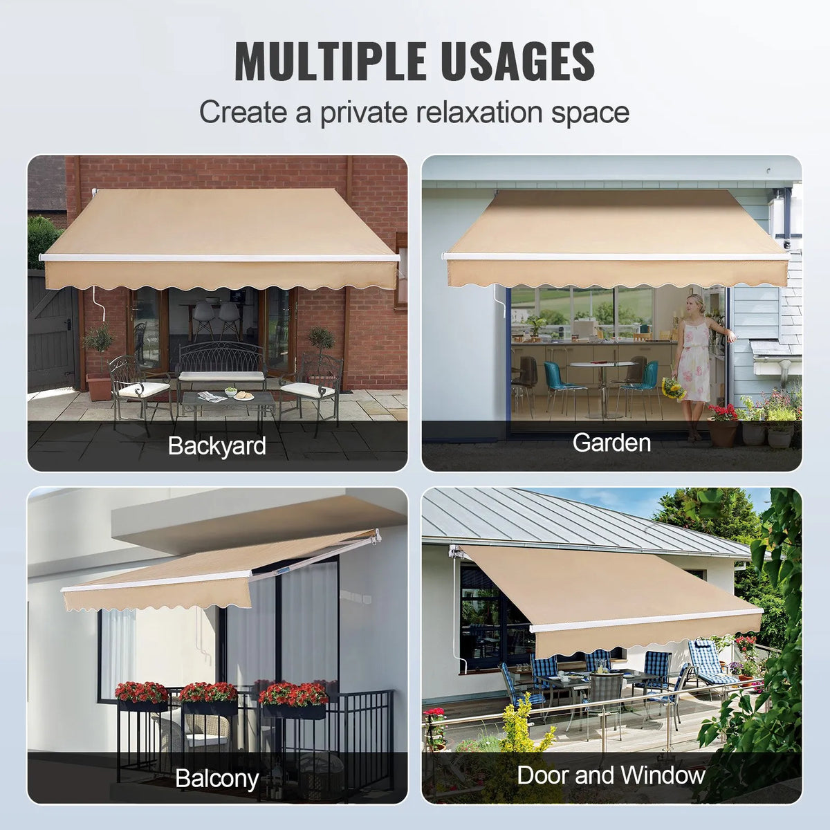 VEVOR Manual Retractable Patio Awning 305 × 244 cm with Crank, Waterproof Polyester Sun Shade Canopy for Doors and Windows, Suitable for Yard and Balcony
