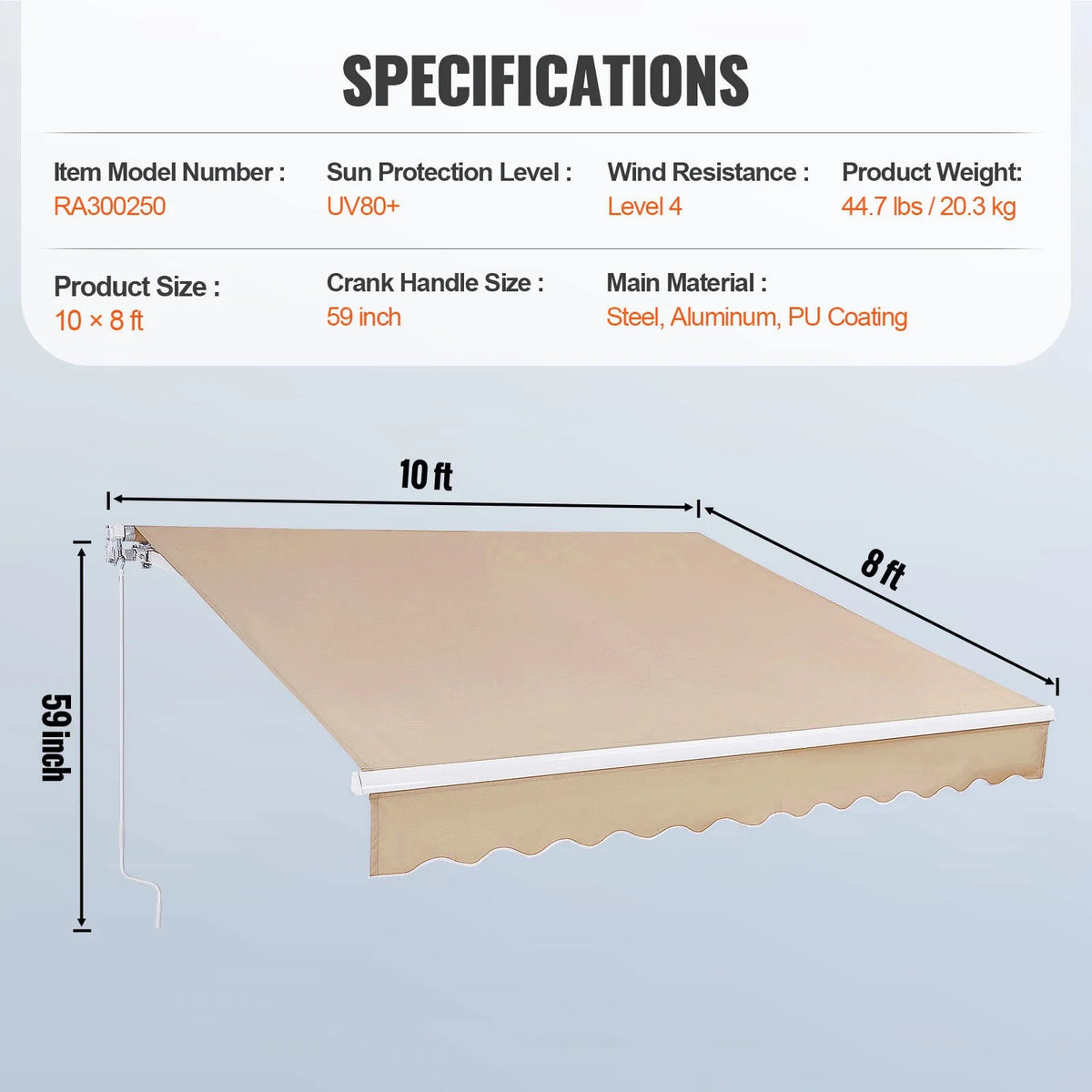 VEVOR Manual Retractable Patio Awning 305 × 244 cm with Crank, Waterproof Polyester Sun Shade Canopy for Doors and Windows, Suitable for Yard and Balcony