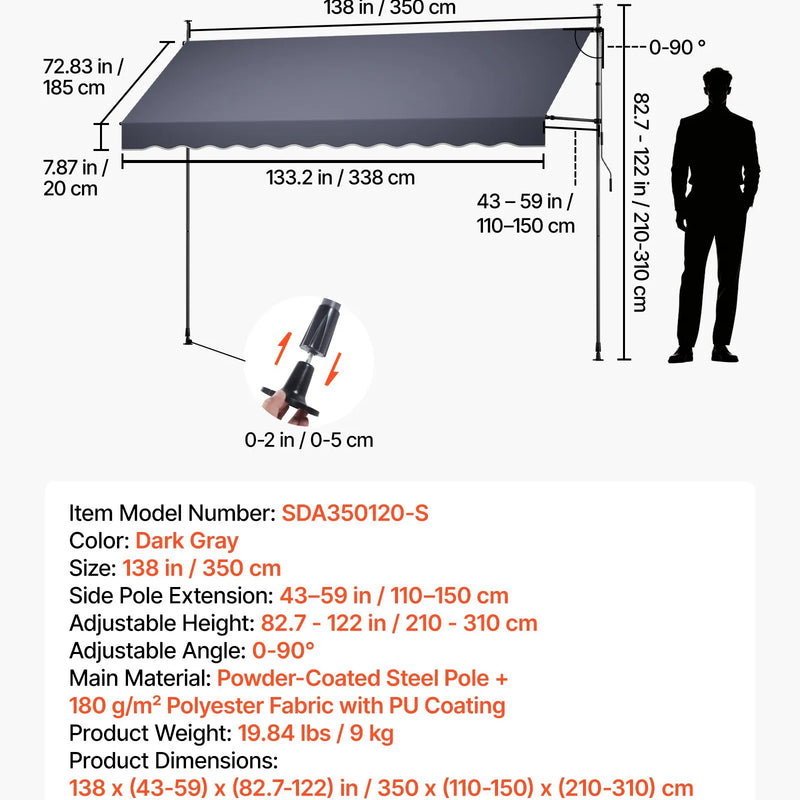 VEVOR manuāli izvelkama terases markīze 350 × 120 cm ar kloķi, regulējama augstuma nojume durvīm un logiem, piemērota pagalmam, dārzam un balkonam, tumši pelēka