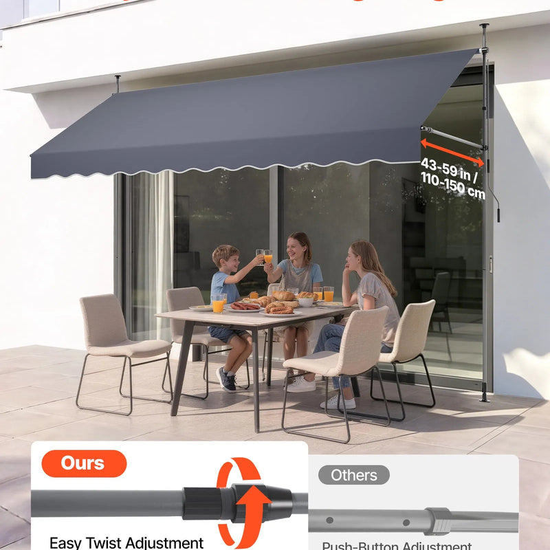 VEVOR manuāli izvelkama terases markīze 350 × 120 cm ar kloķi, regulējama augstuma nojume durvīm un logiem, piemērota pagalmam, dārzam un balkonam, tumši pelēka
