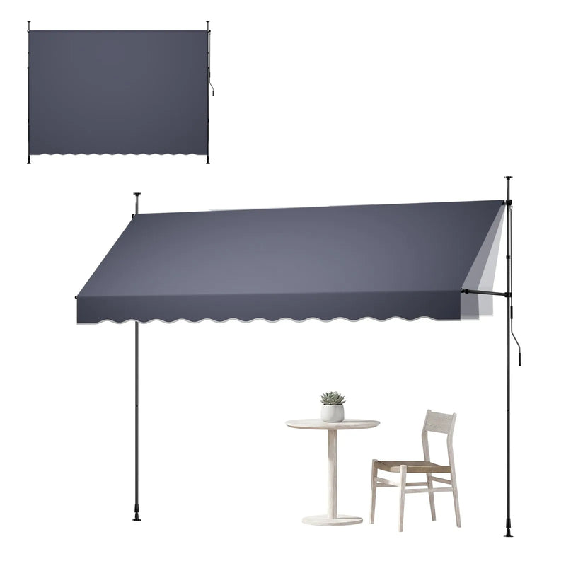 VEVOR manuāli izvelkama terases markīze 350 × 120 cm ar kloķi, regulējama augstuma nojume durvīm un logiem, piemērota pagalmam, dārzam un balkonam, tumši pelēka