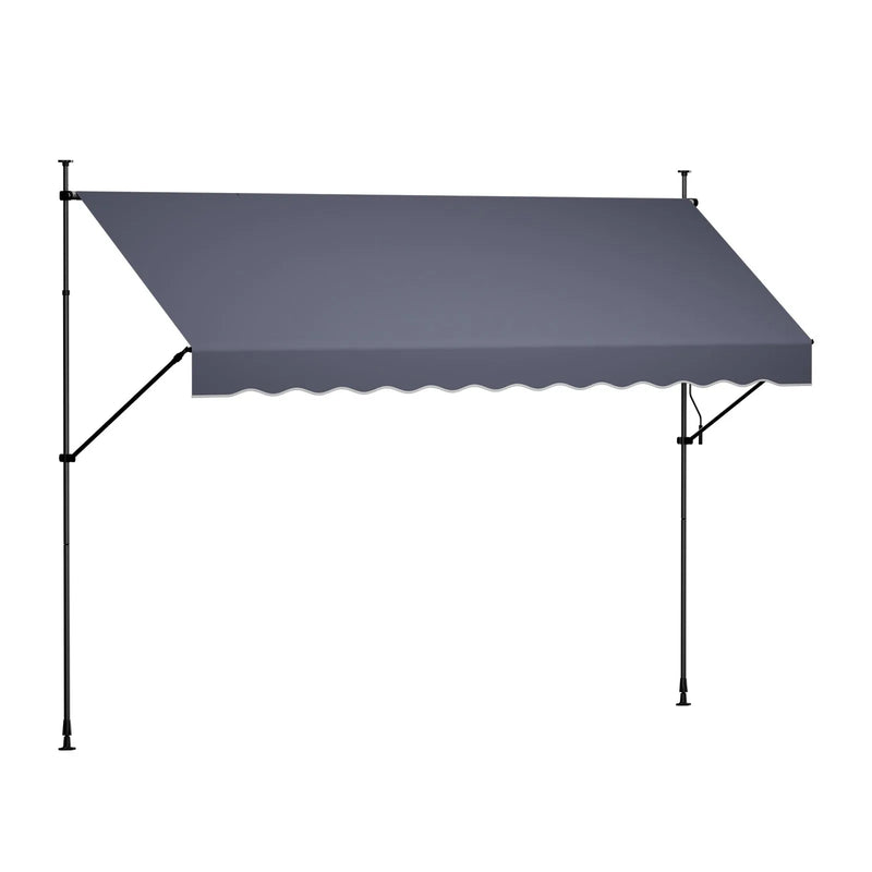 VEVOR manuāli izvelkama terases markīze 350 × 120 cm ar kloķi, regulējama augstuma nojume durvīm un logiem, piemērota pagalmam, dārzam un balkonam, tumši pelēka