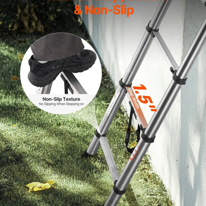 VEVOR teleskopiskās kāpnes 2540 mm no nerūsējošā tērauda, 9 pakāpienu izvelkamas kāpnes ar daudzpakāpju salocīšanas mehānismu, celtspēja 150 kg, neslīdošas kājiņas, vieglas un pārnēsājamas, piemērotas mājai, kemperim un loftam - ZEMLETES.LV