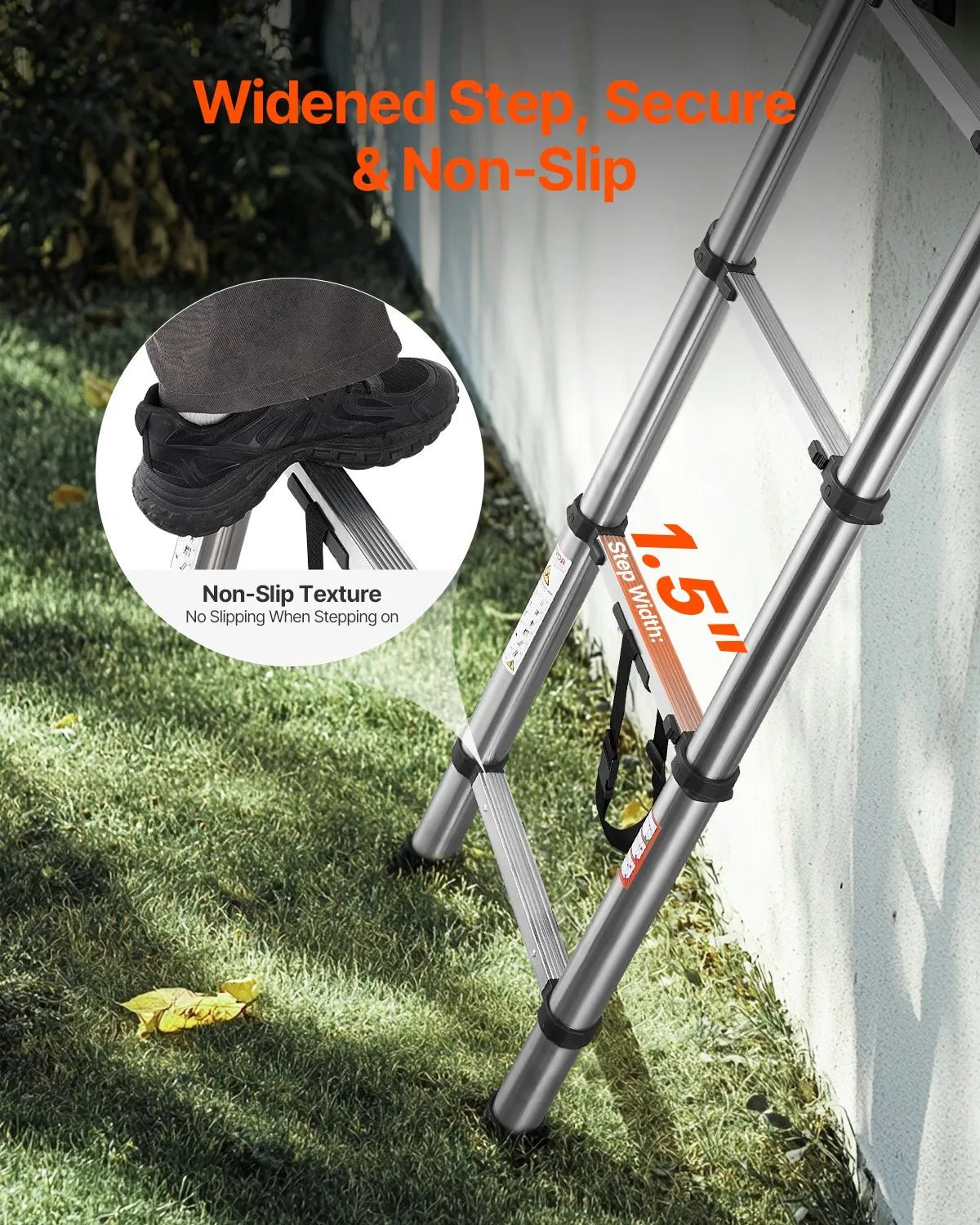 VEVOR teleskopiskās kāpnes 2540 mm no nerūsējošā tērauda, 9 pakāpienu izvelkamas kāpnes ar daudzpakāpju salocīšanas mehānismu, celtspēja 150 kg, neslīdošas kājiņas, vieglas un pārnēsājamas, piemērotas mājai, kemperim un loftam - ZEMLETES.LV